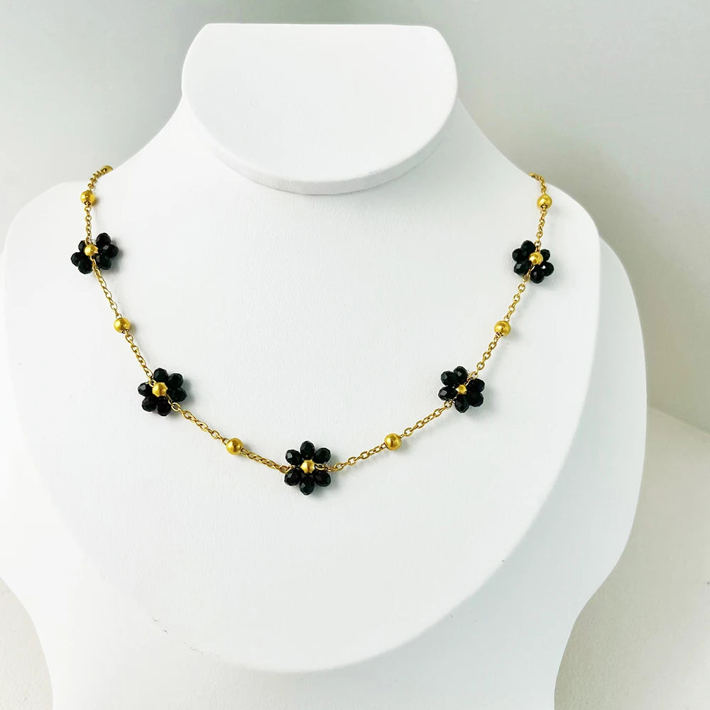 ALTERA Bohemia Handmade Black Crystal Flowers Charm Jewelry Set for Women Gold Plated Stainless Steel Beads Chain Jewelry Beach