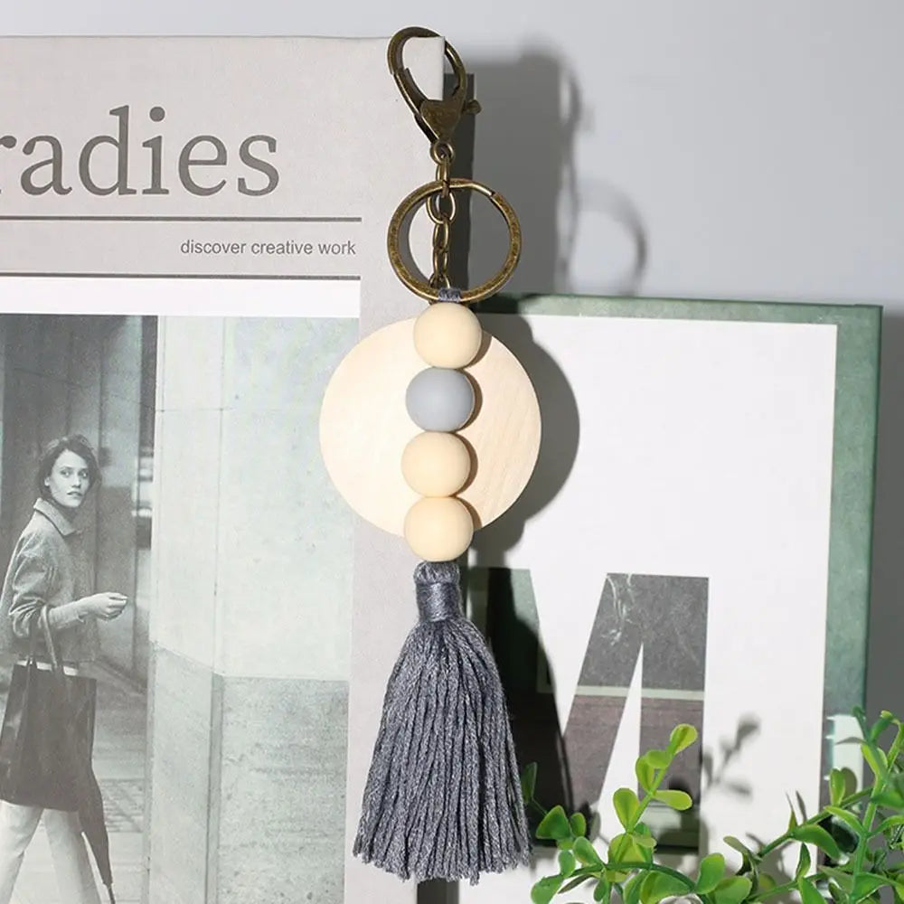 Silicone Beads Key Chain Decorative Pendant Tassel Key Ring Delicate Wooden Pendant Charms for Women Car Key Pendant