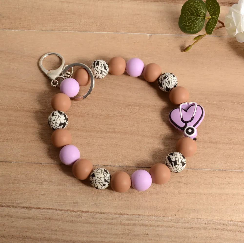 Personalized Bangle Silicone Bead stethoscope Stretch Wristlet bracelet Keychain with Keyring Gift for Teacher Mom Nurse Gift