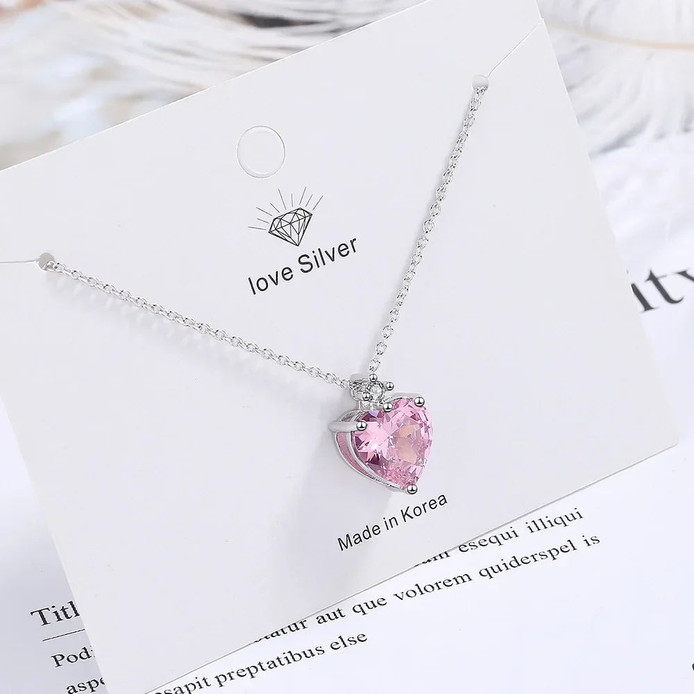 Hemasa 925 Sterling Silver  Diamond Heart-Shaped Pink Pendant Clavicle Chain Necklace (40cm +5.0cm)
