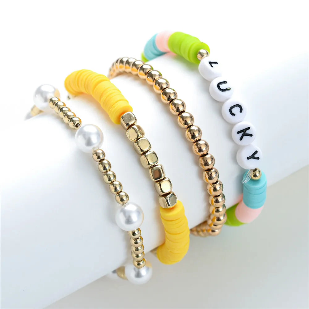 4Pcs/set Trendy Lucky Letter Charm Pearl Bracelets Set Femme Wristband Jewelry Heishi Disc Beads Multilayer Bracelet For Women