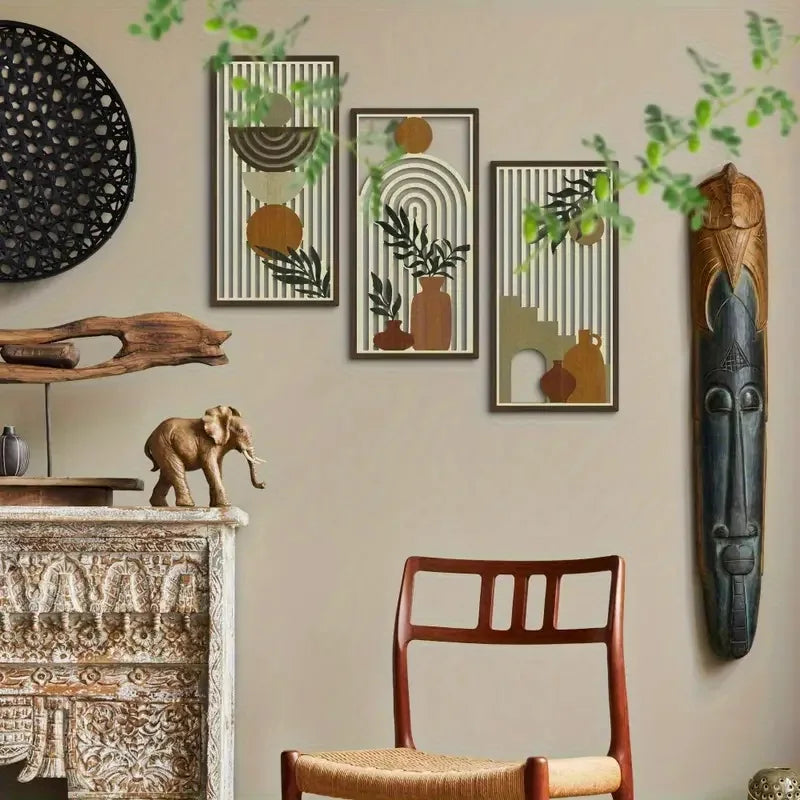 Hemasa 3pcs Hollow Wooden Wall Art Panel Decorative Kitchen Bathroom Living Room Dining Room Porch Wall Wood Decoration