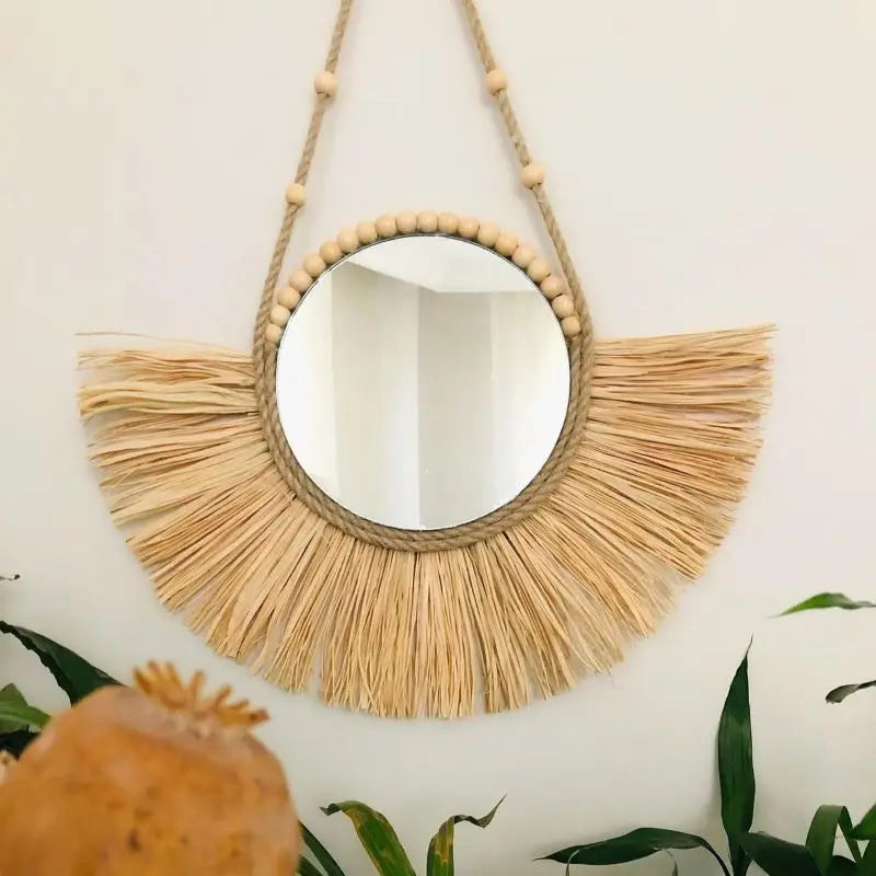 INS Moroccan Wood Bead Straw Woven Mirror Wall Ornaments Living Room Background Bedroom Mirrors Boho Homestay Home Decor Crafts