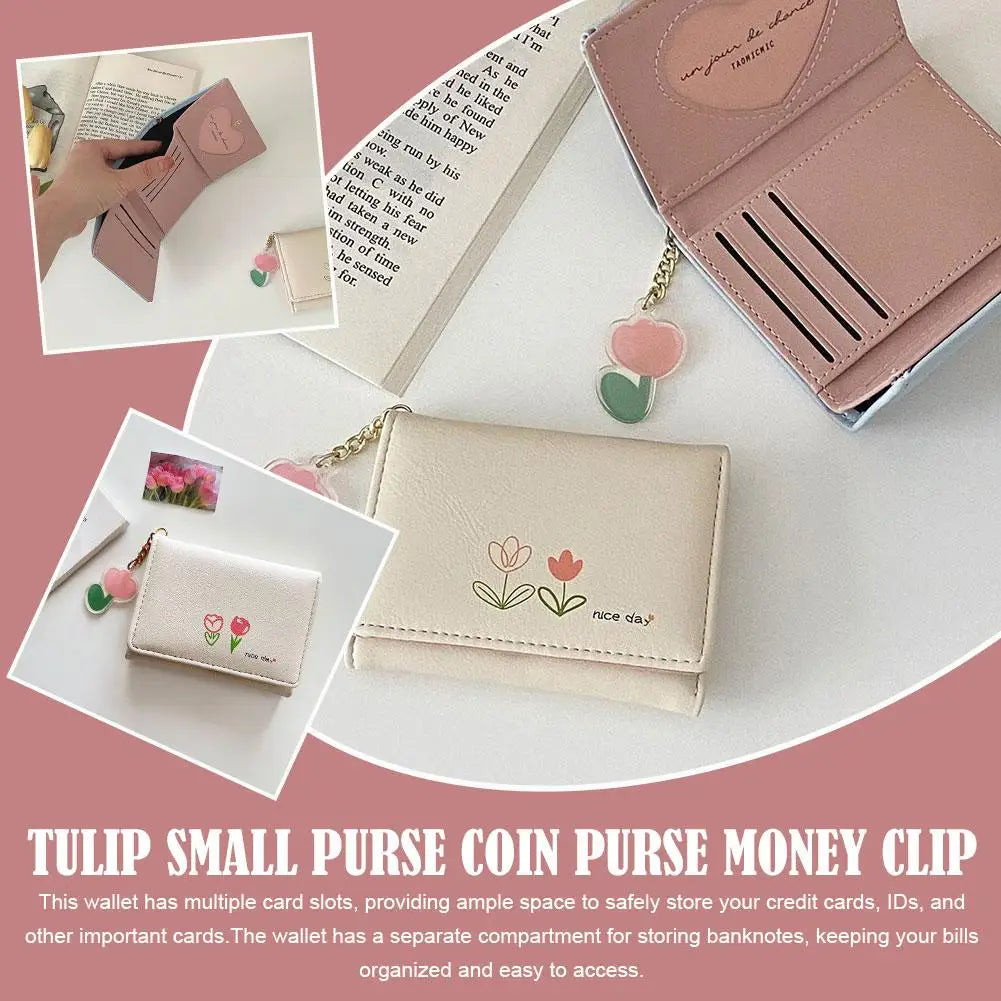 Small Wallet Tulip Short Wallet Student Triple Fold Card Holder Girl ID Bag Coin Purse Cute Wallets for Women Change Storage
