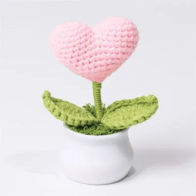 Hemasa Heart Shape Knitted Flowers Potted Colourful Crochet Plant Wedding Gift Creative Artificial Flower Car Desktable Decor