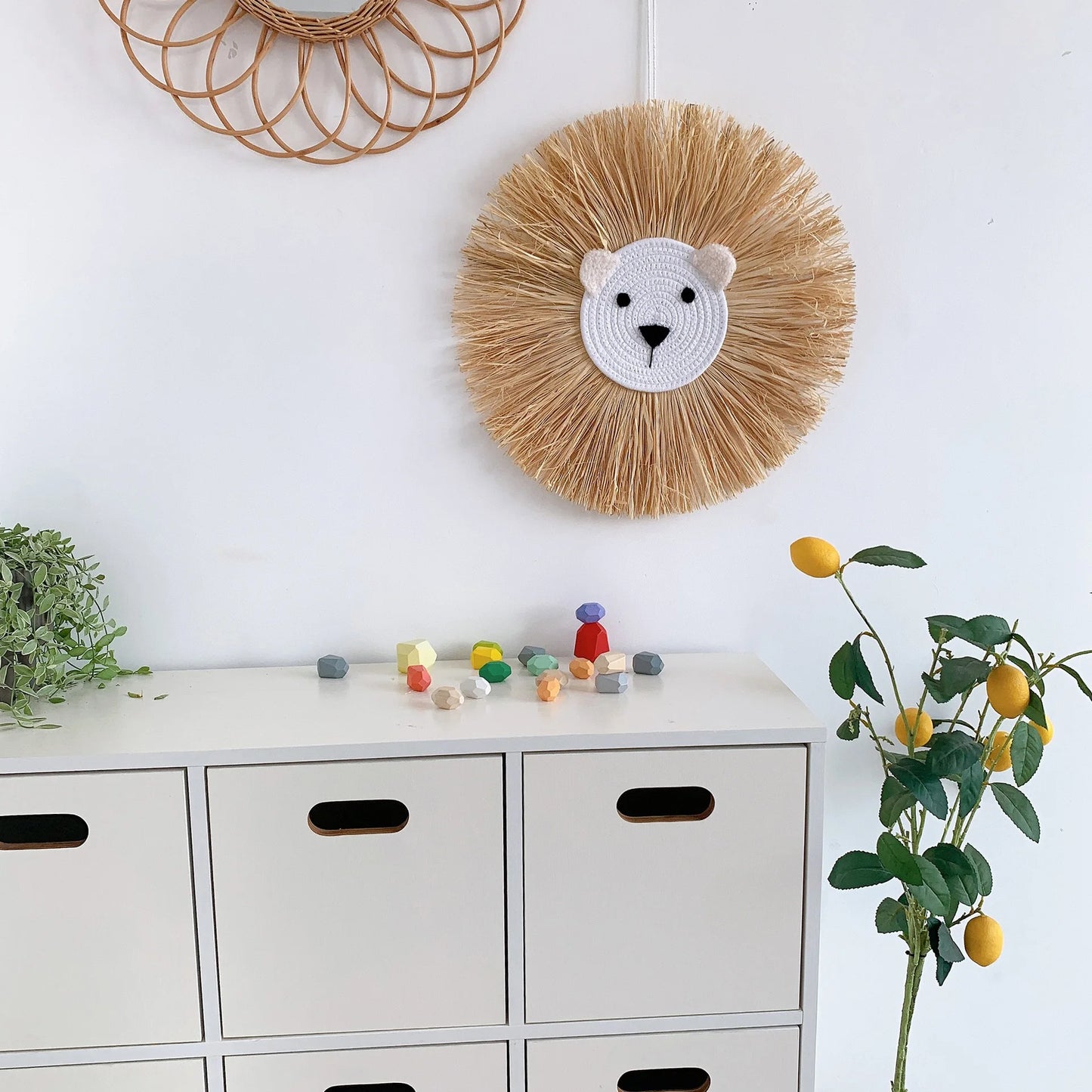 Nordic Nursery Decor Raffia Straw Bear Lion Face Wall Hanging Handmade Lion Boys Kids Room Nursery Hanging Decoration Gifts