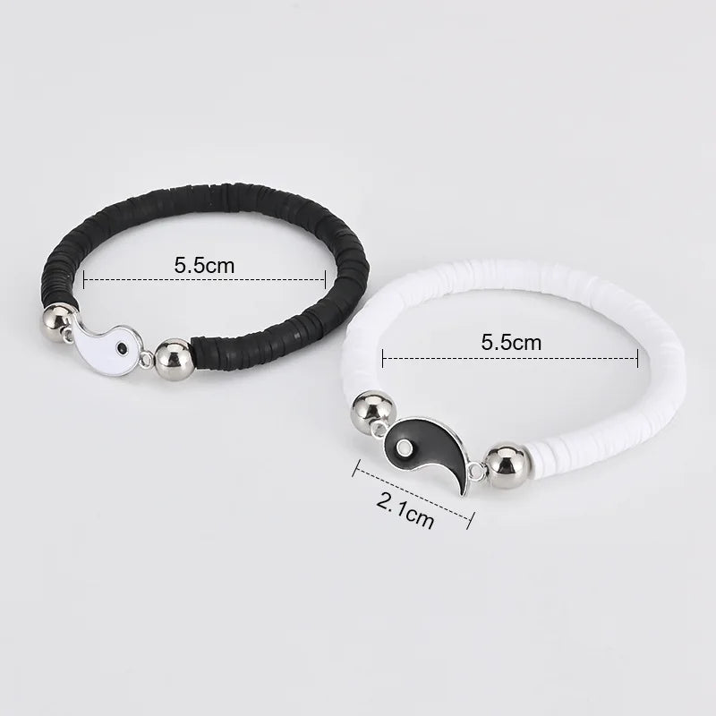 2Pcs/Set Tai Chi Yin Yang Bracelet for Women Girls Best Friends Black White Clay Beads Bracelets Fashion Friendship Jewelry
