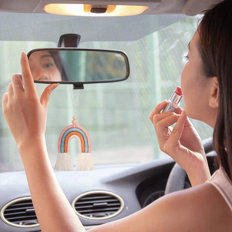 Heamsa 3Pcs Boho Rainbow Car Charm Macrame Rainbow Car Diffuser Wooden Beads Car And Home Hanging Decor