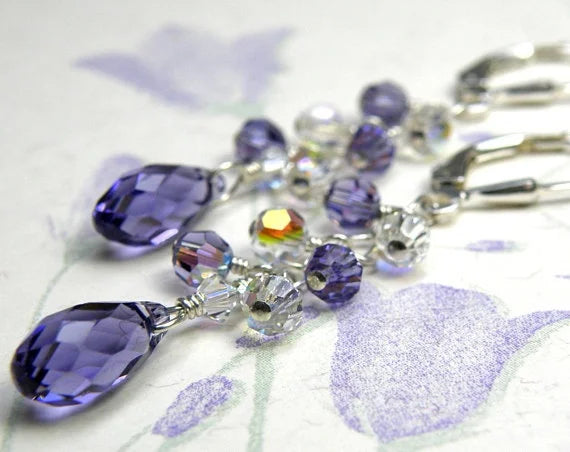 Tanzanite crystal earrings, sterling silver, bridesmaid pendant wedding jewelry, December birthday presents for women