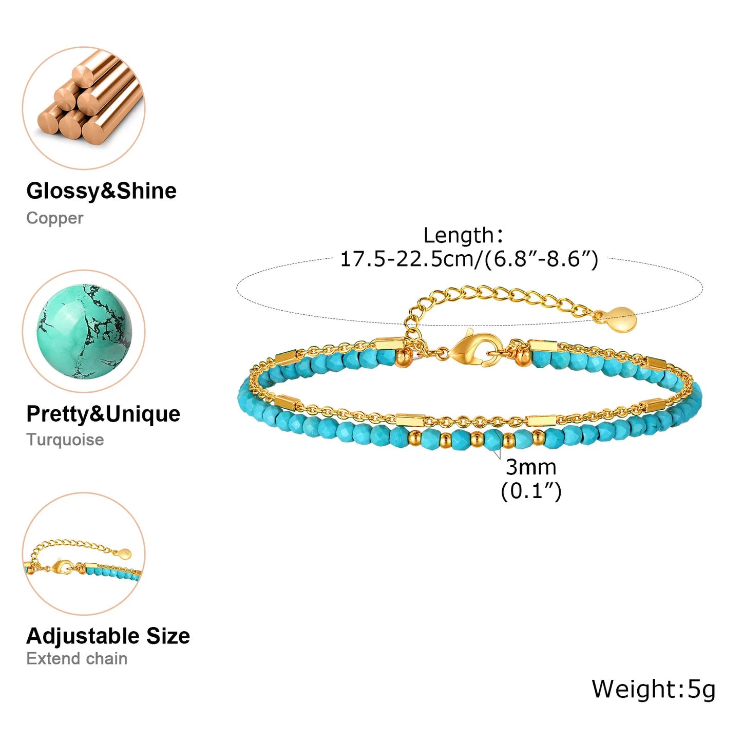 Turquoise Bracelet for Women, Double Chain Round Beaded Bracelet, Tarnish Free Gold Plated Jewelry Gift