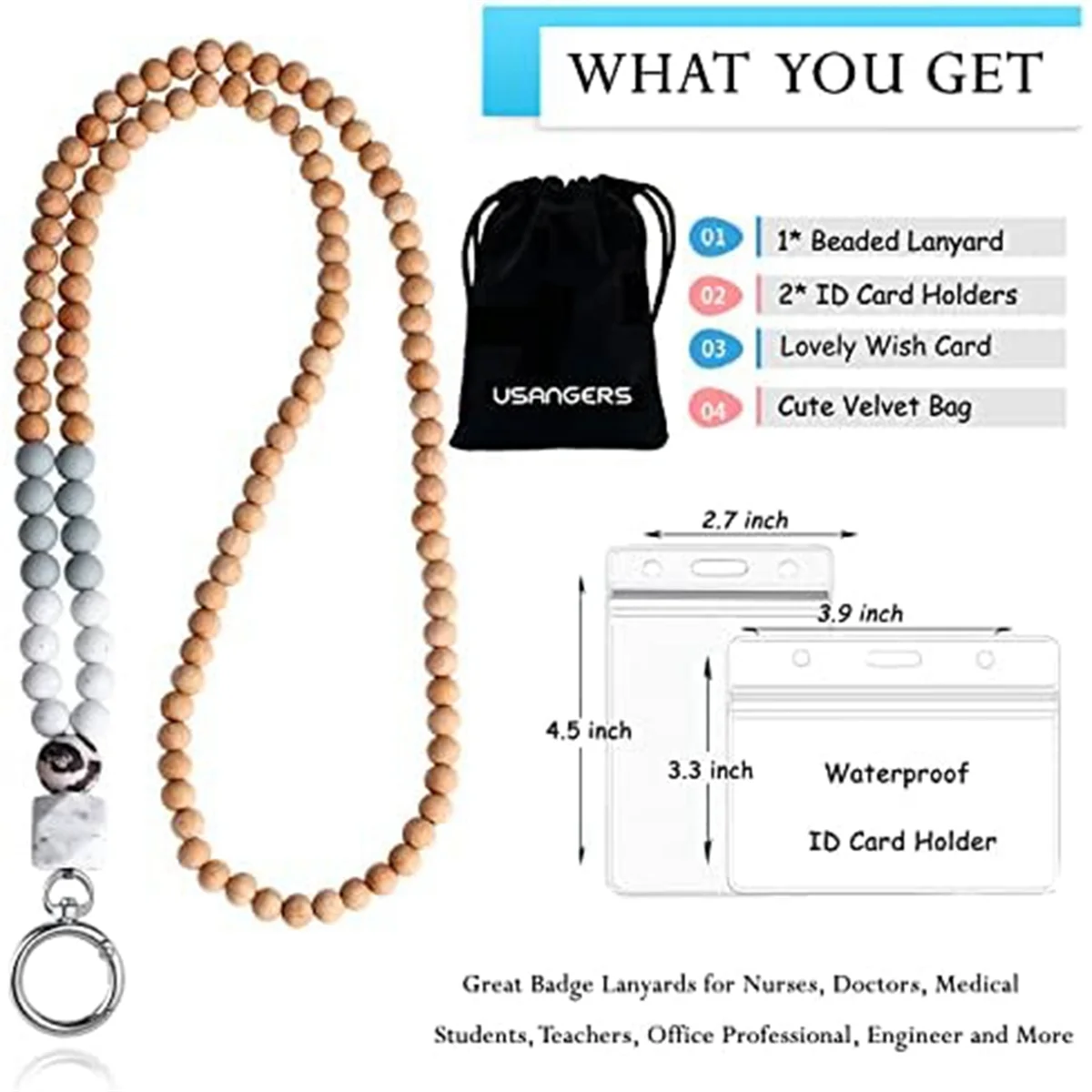Hemasa ID Badge Key Lanyard Women's Cute Teacher Lanyard / Silicone Wood Bead Lanyard Necklace School Office Work Jewelry