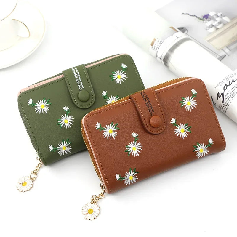 Women Long Wallets 2021 Fashion Design Embroidery Daisy Card Holder Large-Capacity PU Coin Purse Simple Zipper Money Bag Wallets
