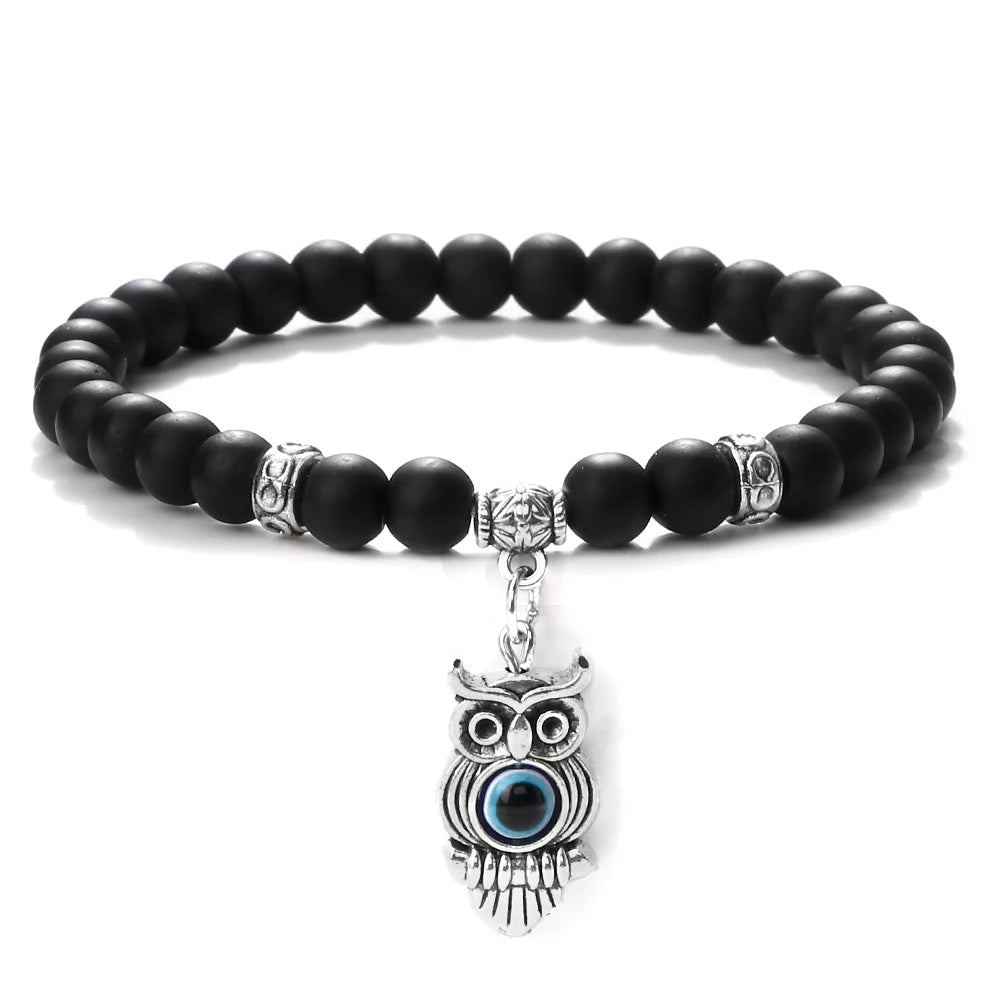 6 8mm Chakra Beads Men Bracelets Charm Owl Evil Eye Pendant Classic Tiger Eye Stone Agate Quartz Malachite Women Yoga Jewelry