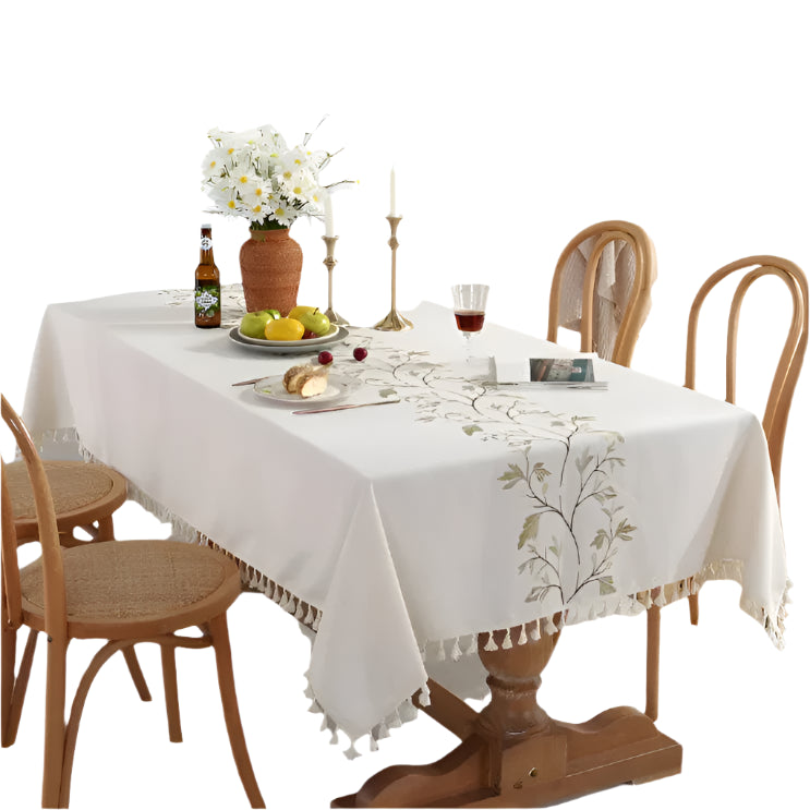 Hemasa Cotton Linen Green leaf embroidery with Tassel Rectangular Table Cloth