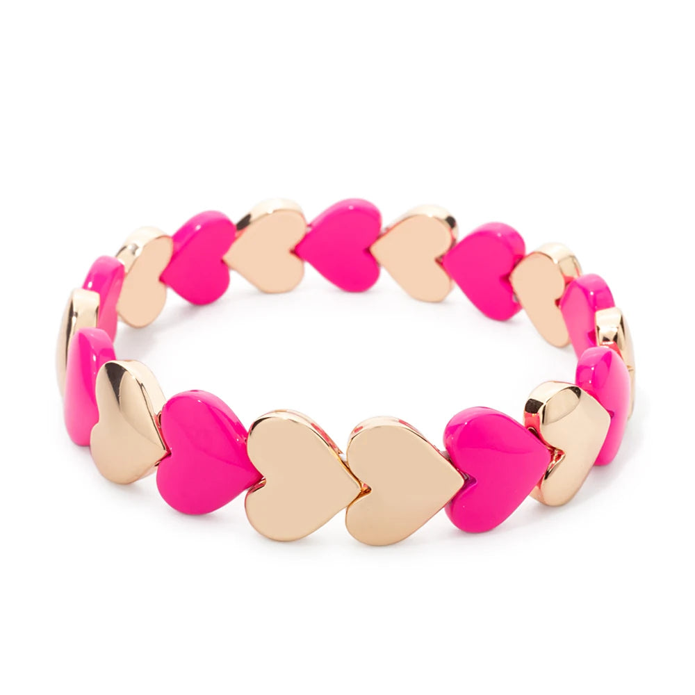 Tejesa Gold Color Pink Red Heart Charm Couple Bangle Bracelet For Women