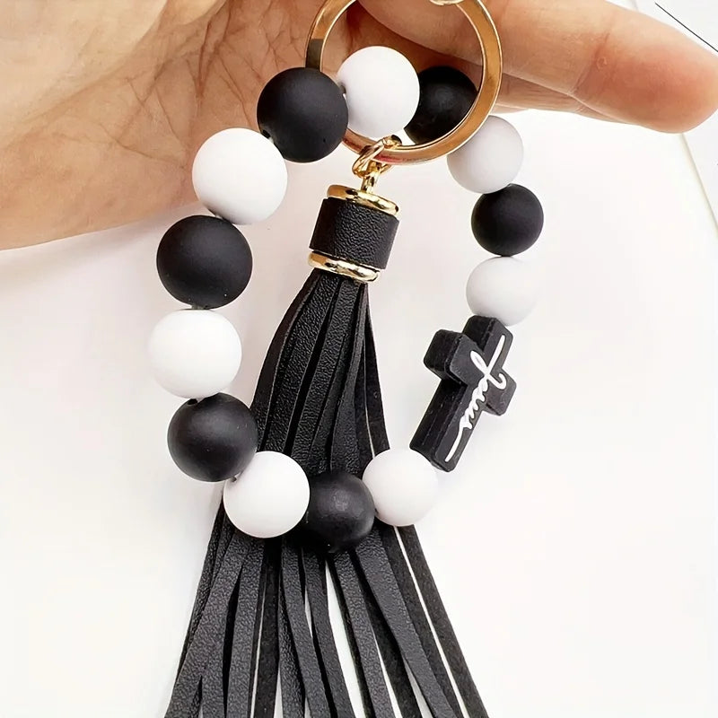 One Cross Silicone Rubber Paint Round Bead Bracelet Keychain