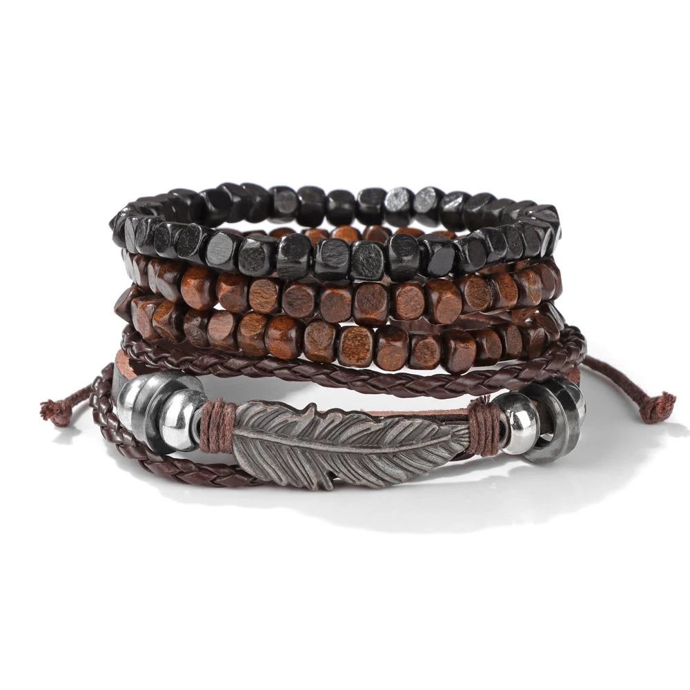 Fashion Braided Wrap Leather Bracelet Vintage Wood Beads Feather Skull Arrow Ethnic Bracelets Bangles Men Women Energy Jewelry
