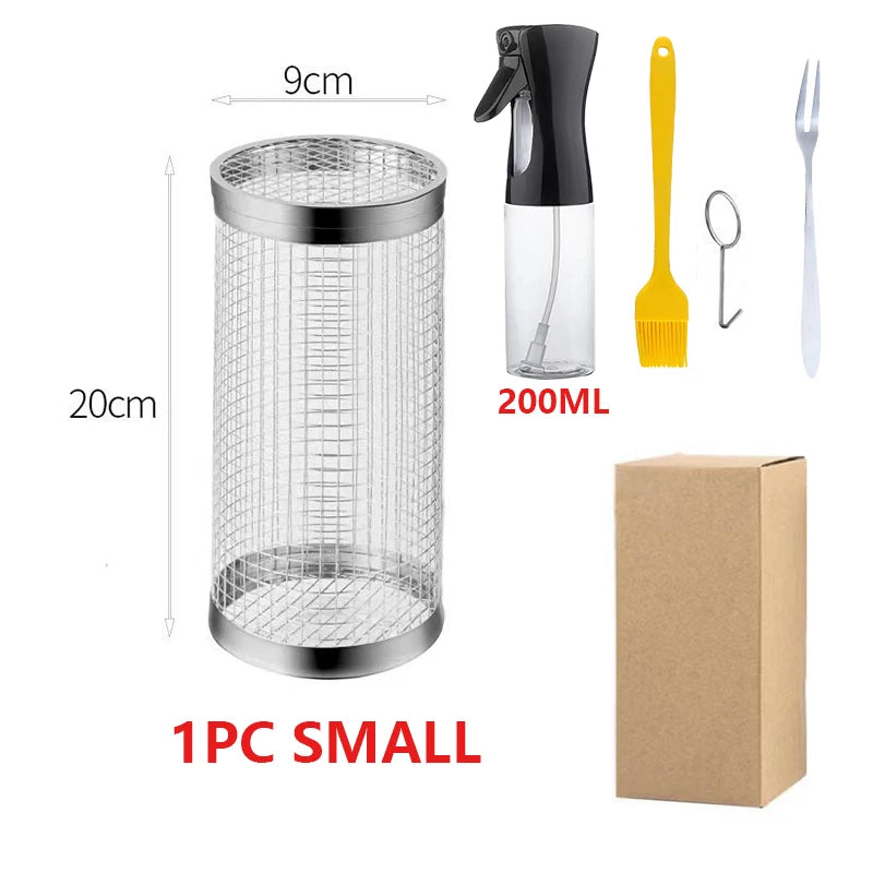 BBQ Grill Basket Stainless Steel Rolling Grilling Baskets for Ideal for Cooking Meat French Fries Vegetables on Outdoor Barbecue