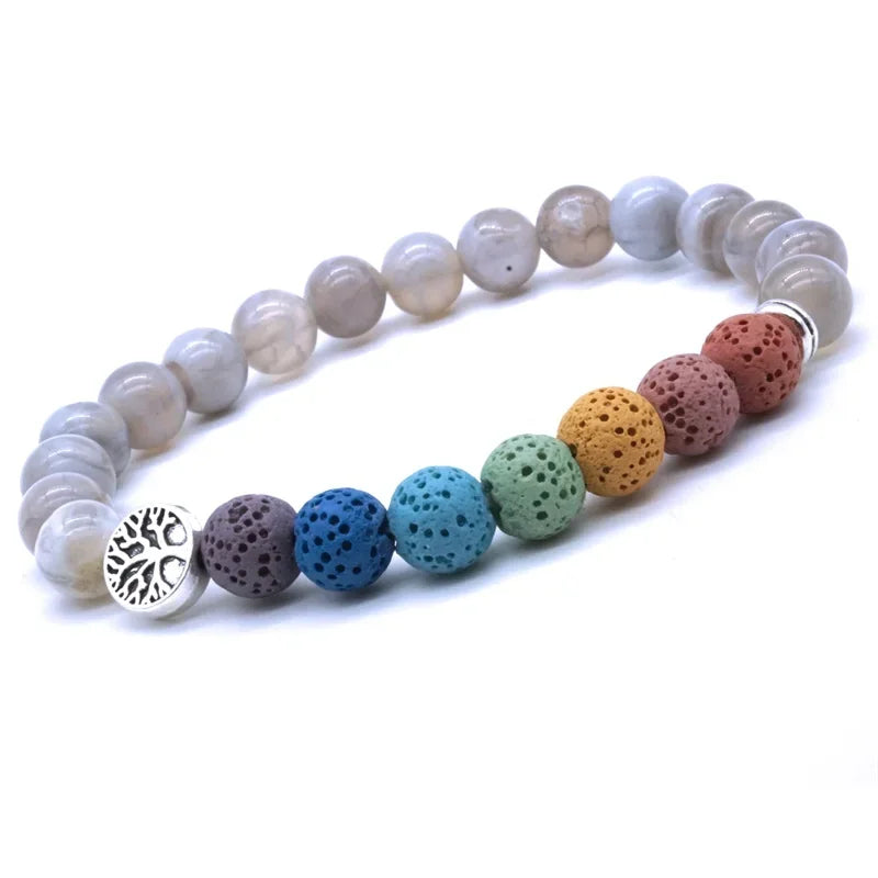 Hemasa Tree of Life 8mm Seven Chakras Lava Stone Beaded Bracelet DIY Aromatherapy Essential Oil Diffuser Bracelet Yoga Jewelry