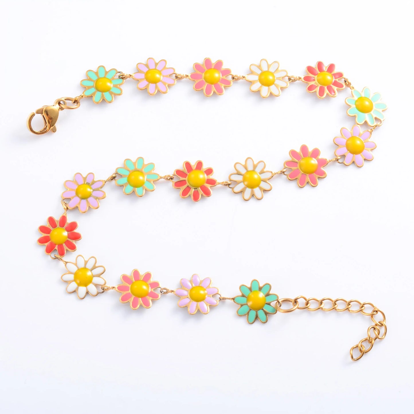 Stainless Steel Bracelet for Women Sweet Colorful Sunflower Link Hand Chain Bangle with Extender Anklet Jewelry Accessories Gift