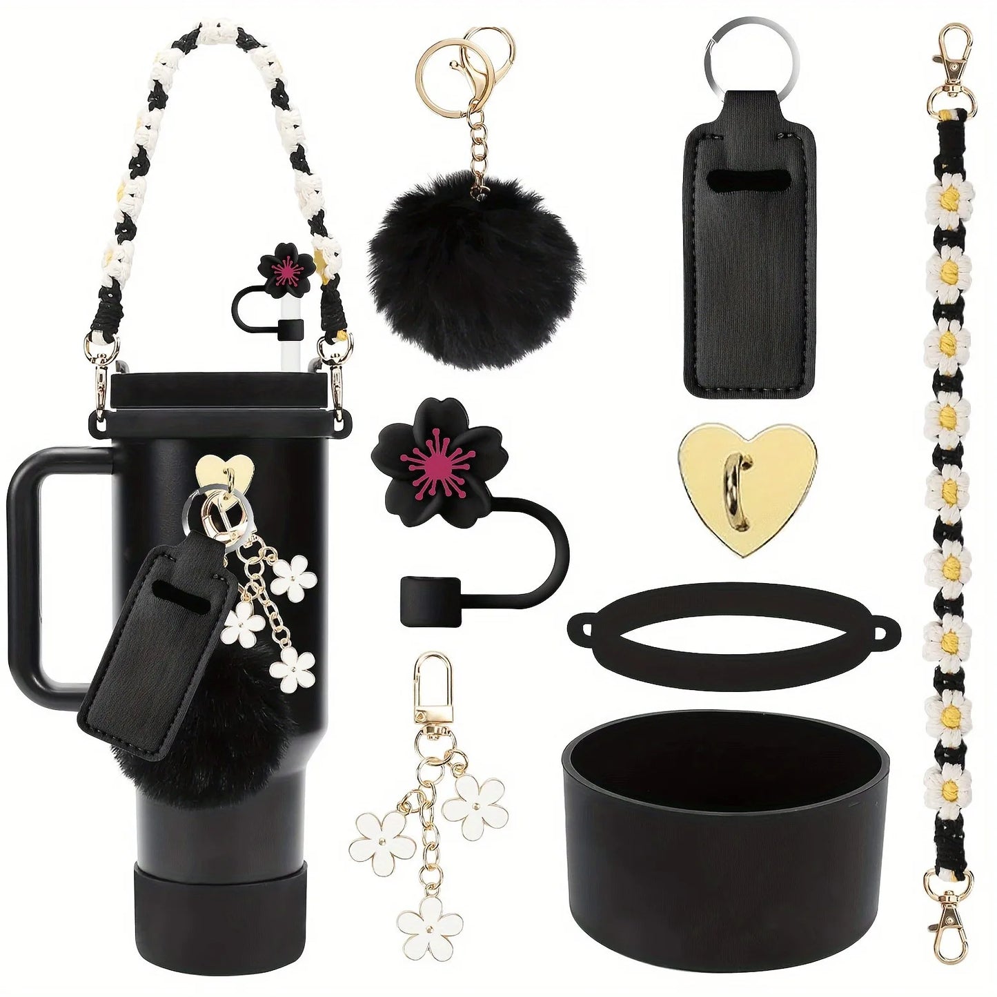 Hemasa 8PCS Cup Accessories, Set includes Water Bottle Handle Strap, Siliocne Boots, Lipstick Sleeve Pouch Straw Cap Cover for Stanley