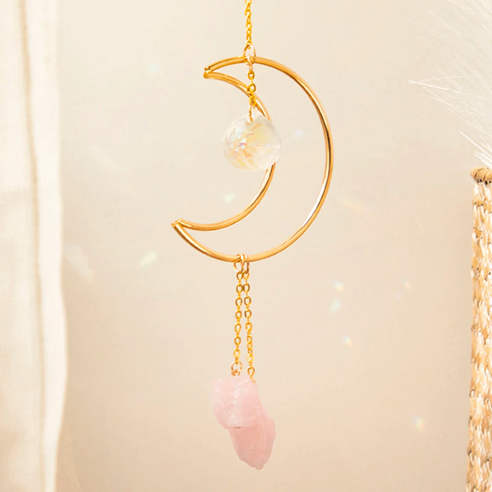 Hemasa Suncatcher Crystal Prism Moon Hanging Decor Boho Home Decoration Pink Stones Sun Catcher
