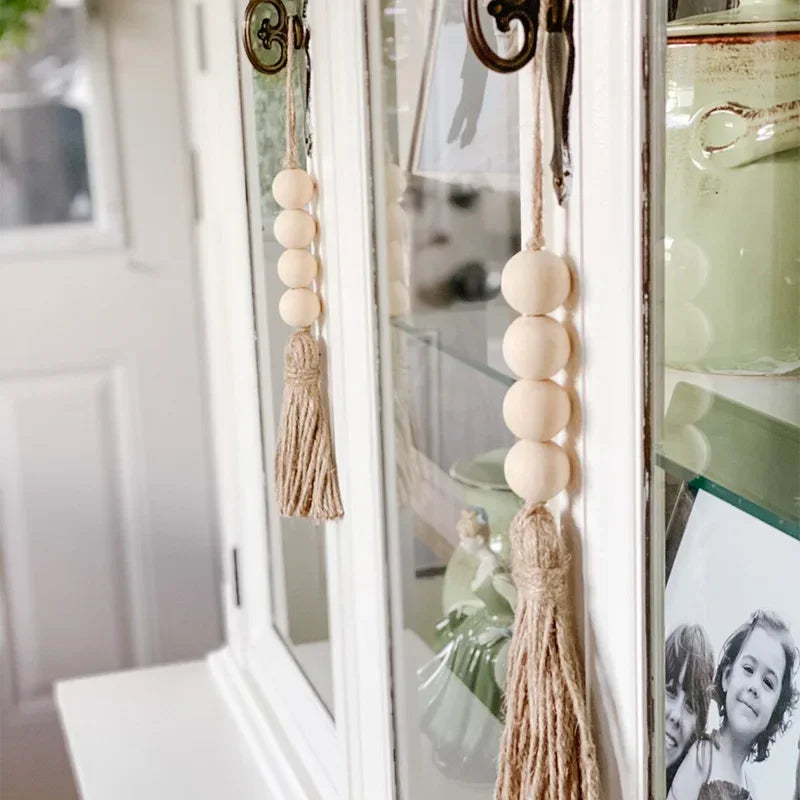 Tejesa Wood Beads Garland with Large Tassels Wooden Bead String Rustic Farmhouse Beads Prayer Beads Door Bead Garland Hanging Decor for Door Window Decor