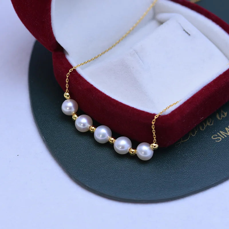 Fresh Water 6-7mm White round Almost Flawless Pearl Pendant S925 Silver Small Gold Spacer Beads Necklace