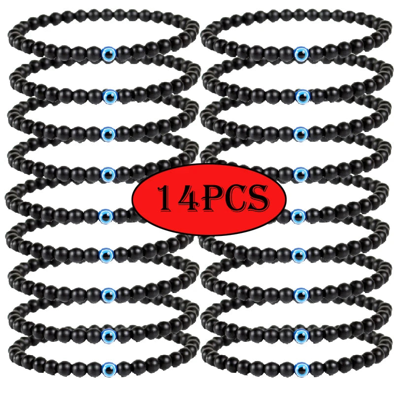 14PCS Turkish Evil Eyes Bracelet Black Natural Stone Beads Obsidian Men Braslet for Women Men Yoga Hand Jewelry Accessories