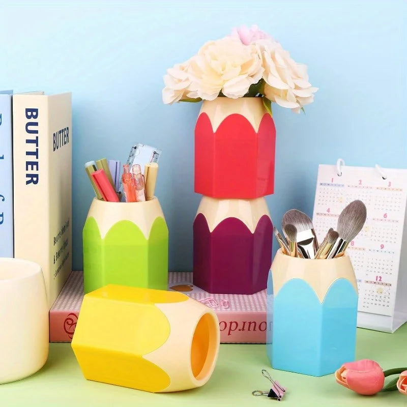 Tejesa 9/6pcs Cartoon Pencil-Shaped Desk Organizer Set | PE Plastic Pen Holder with Cup and Box, Office Colorful Stationery Storage