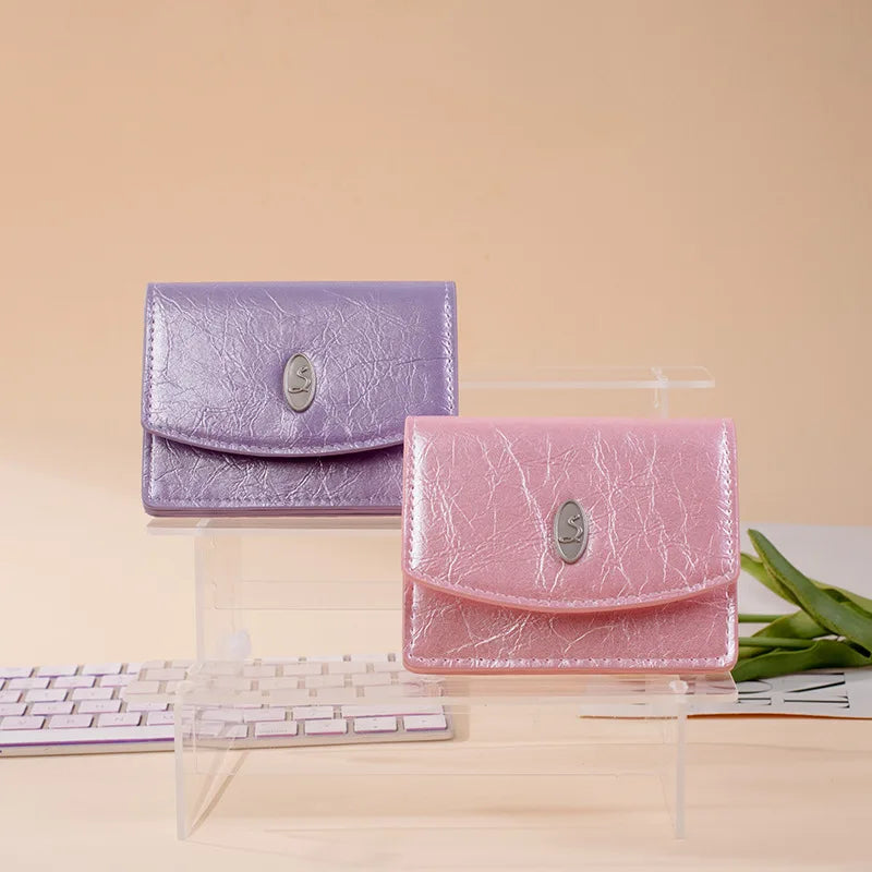 Silver Simple Card Holder Korean Luxury Design PU Leather Hasp Flip-Up Small Square Card Bag Females Girls Coin Purses Handbag