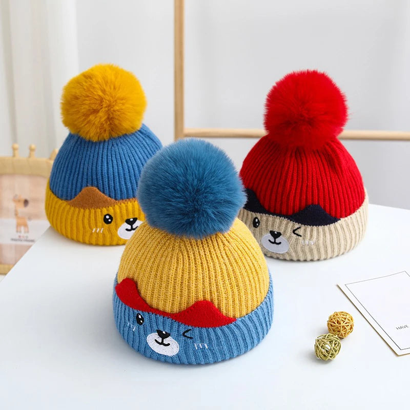Autumn Winter Baby Pompom Pullover Hats Cute Cartoon Boy Girl Warm Woolen Knit Beanies Outdoor Thick Anti-Cold Toddler Bonnets