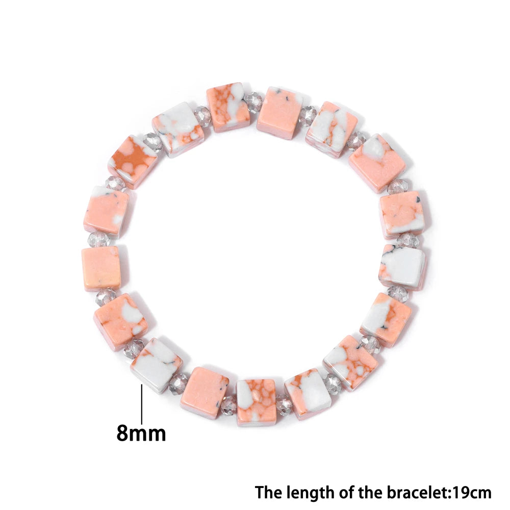 Natural Stone 8mm Square Cube Beads Bracelet Opal Turquoises Imperial Stone Barcelets for Women Men Elastic Bracelet Bangle Gift