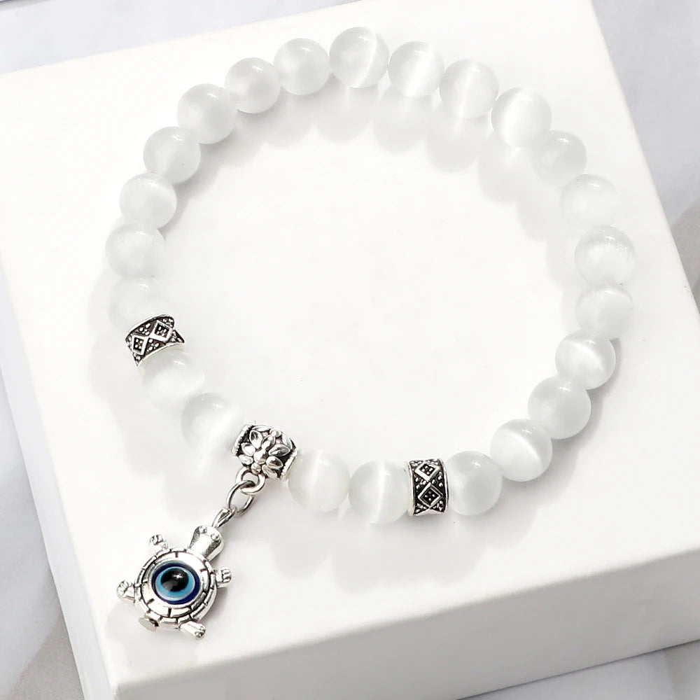 6 8mm Natural Cat Eye Stone Bracelet White Opal Beads Butterfly Hand Of Fatima Women Bracelets & Bangles Lucky Evil Eye Jewelry