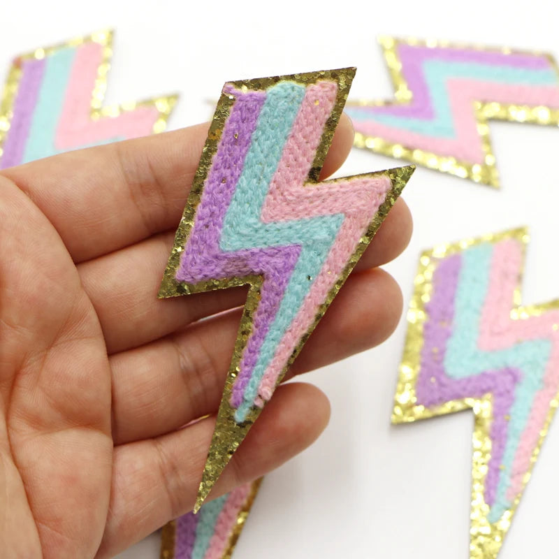 1PC Lighting Glitter Chenille Embroidered Patches Iron on Applique Sewing Badges Clothing Stickers Backpack Decoration
