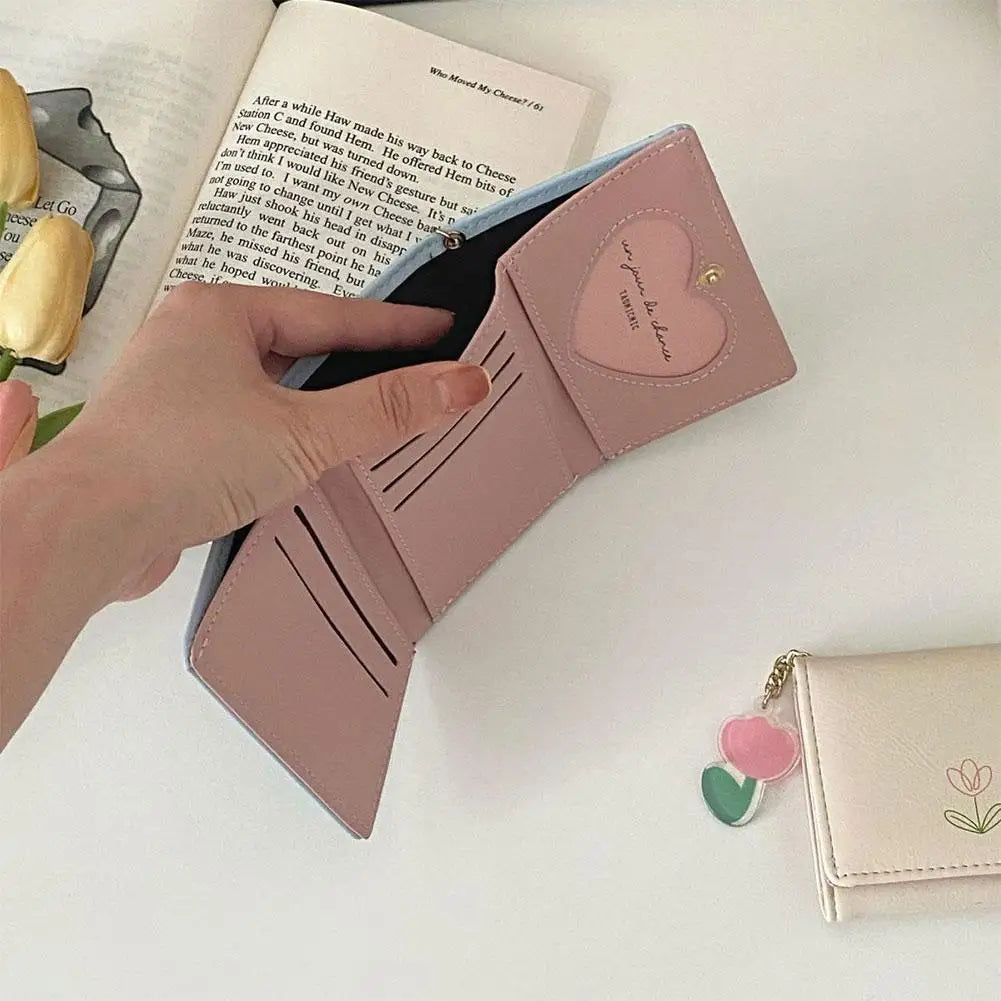 Small Wallet Tulip Short Wallet Student Triple Fold Card Holder Girl ID Bag Coin Purse Cute Wallets for Women Change Storage