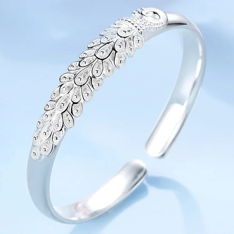 New 925 Sterling Silver Elegant Peacock Opening Screen Bracelet Bangles For Women Fashion Party Wedding Accessories Jewelry Gift
