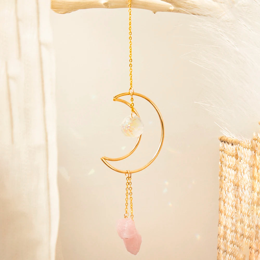 Hemasa Suncatcher Crystal Prism Moon Hanging Decor Boho Home Decoration Pink Stones Sun Catcher