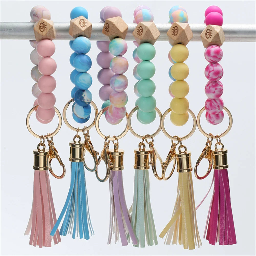 New Colorful Silicone Bead Bracelet PU Tassel Keychain Leopard Pattern Bracelet Beads Wearing Tassel Anti Loss Bracelet Keyring