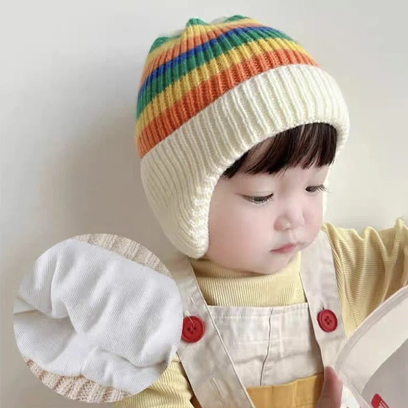 Autumn Winter Baby Hat Fashion Striped Knitted Hats for Boys Girls Toddler Infant Pullover Cap Ear Protection Kids Accessories