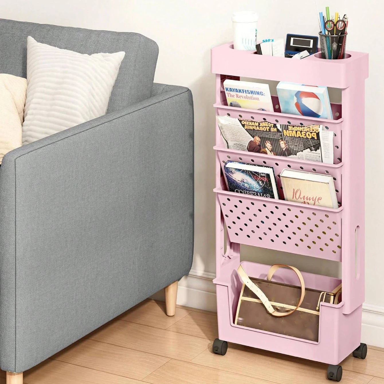 1pc 5 Tier Book Rack Storage Bookshelf, Multilayer Capacity Rotatable Removable Plastic Practical Rolling Organization