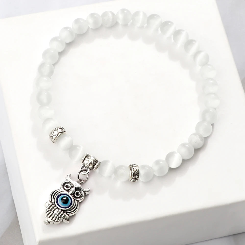 6 8mm Natural Cat Eye Stone Bracelet White Opal Beads Butterfly Hand Of Fatima Women Bracelets & Bangles Lucky Evil Eye Jewelry