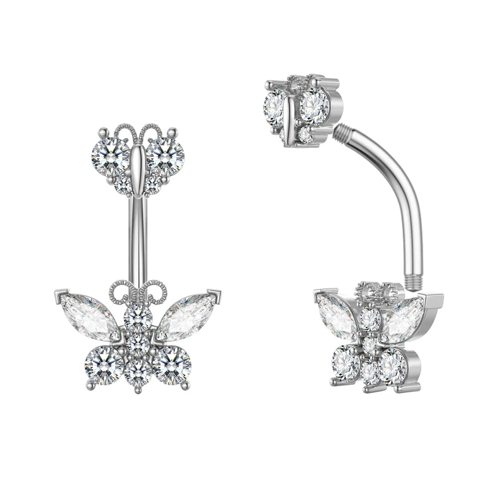 Surgical Steel Cute Butterfly Belly Button Rings Fashion Crystal CZs Dangled Navel Piercing Ombligo Women Body Jewelry 1.6*10mm