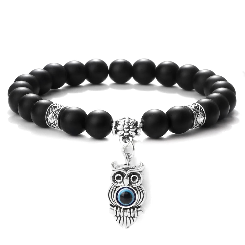 6 8mm Chakra Beads Men Bracelets Charm Owl Evil Eye Pendant Classic Tiger Eye Stone Agate Quartz Malachite Women Yoga Jewelry