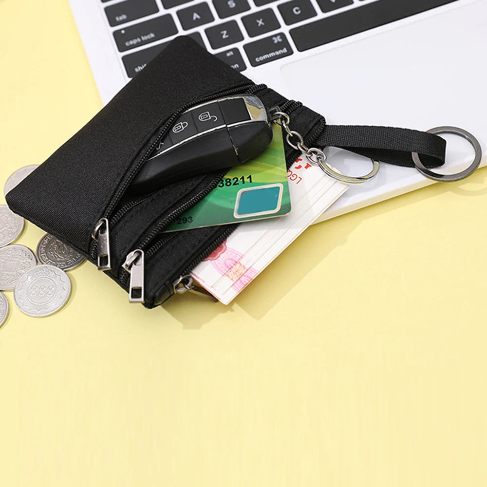 Mini Solid Coin Purse Canvas Hanging Bag Wallet 3 Zippers Coin Pouch Bag Women Girls Card Holder Short Wallet Fashion Potable