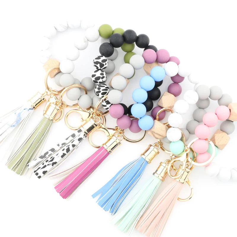 Silicone Beads Elastic Bangle Bracelet Keychain Women's bracelet gift Leather Tassel Silicone Beads Bracelet Wristlet Keychain