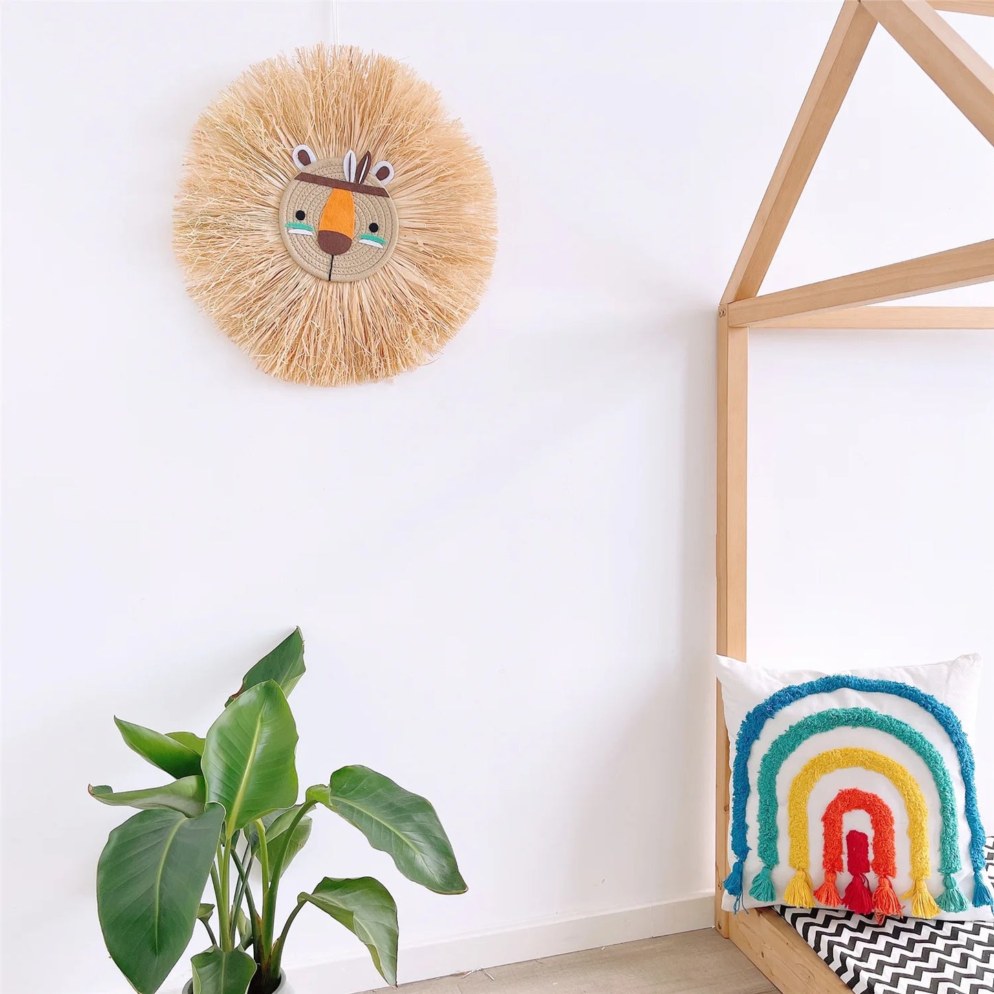 Nordic Nursery Baby Girl Boy Room Decor Raffia Straw Bear Face Wall Hanging Handmade Bear Lion Nursery Hanging Decor Gifts