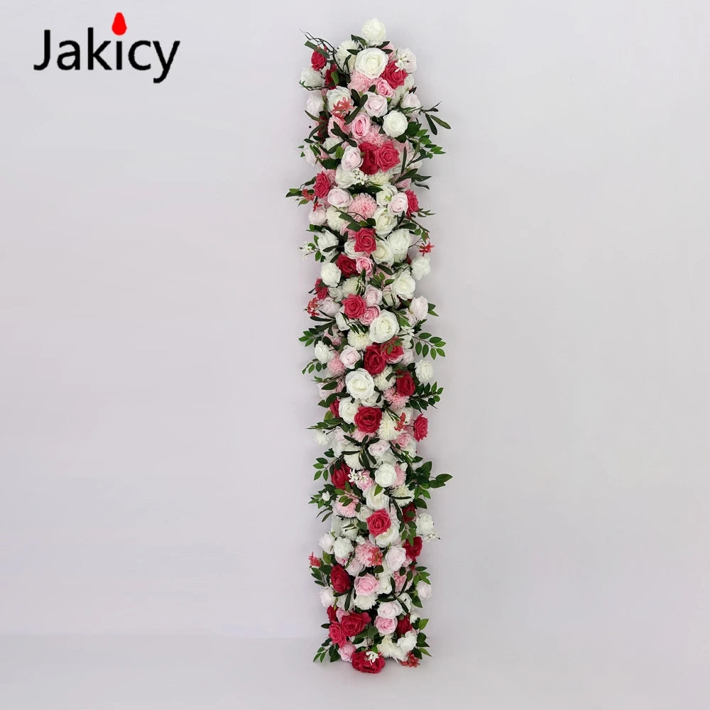 Pink White Series Artificial Flower Strip Wedding Table Runner Floral Arrangement Wedding Backdrop Decor Prop Arch Flower String
