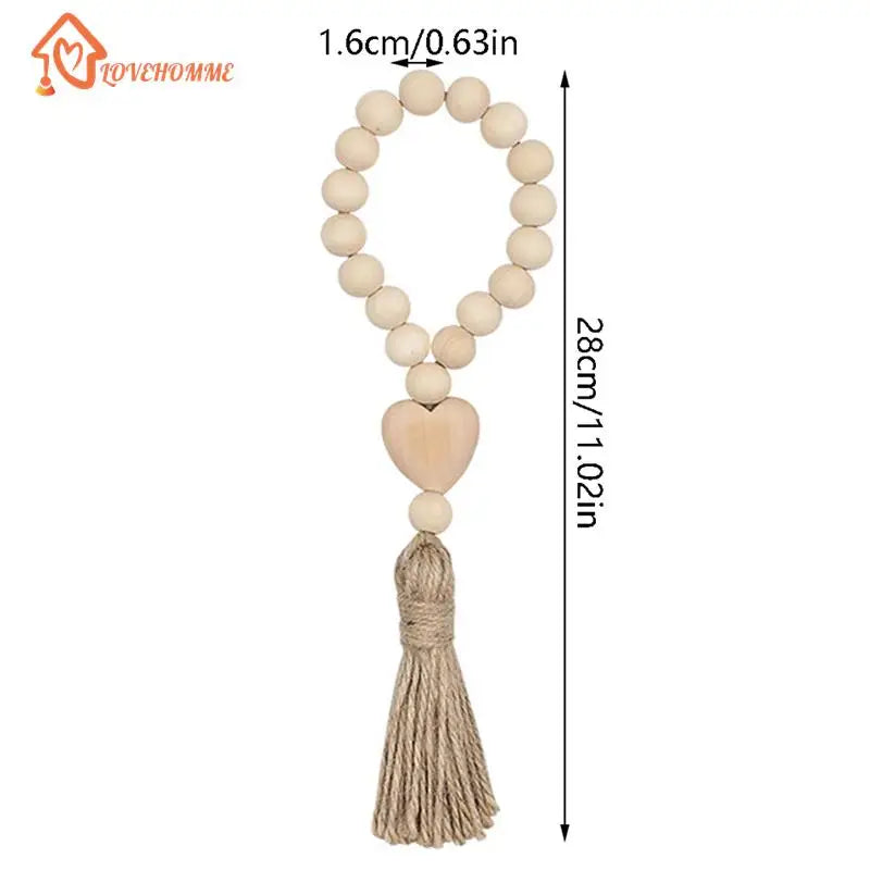 1Pc Log Color Wood Bead Garland Rustic Wall Hanging Hemp Rope Tassel Beaded with Heart Knot Woven Pendant Home Decoration