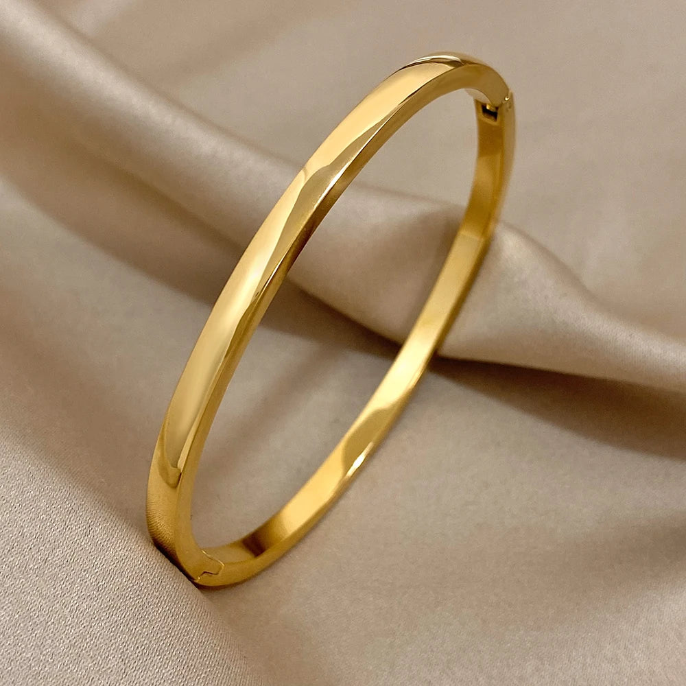 Simple Smooth Stainless Steel Bangles Bracelets for Women Trendy Gold Plated Metal Bracelet Jewelry Accessories Lady Gift